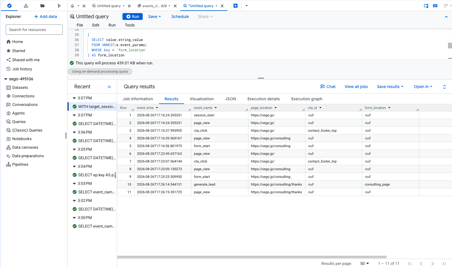 コンバージョンしたセッションの全イベント11行を時系列に並べた実行結果。session_startとpage_view（トップページ）から始まり、cta_click（cta_id = contact_footer_top）、/consultingのpage_view、form_startと続き、再度のcta_clickとform_startを経て、generate_lead（/consulting/thanks、form_location = consulting_page）とサンクスページのpage_viewで終わっている
