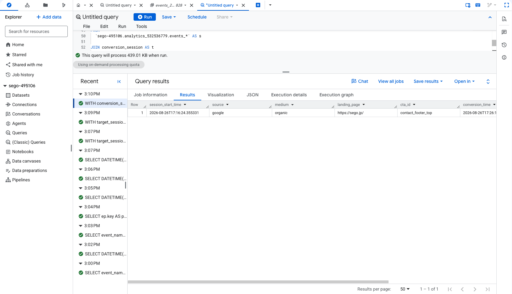 コンバージョンしたセッションを1行に集約した実行結果。session_start_timeに続き、sourceがgoogle、mediumがorganic、landing_pageがhttps://sego.jp/、cta_idがcontact_footer_top、conversion_timeが表示されている