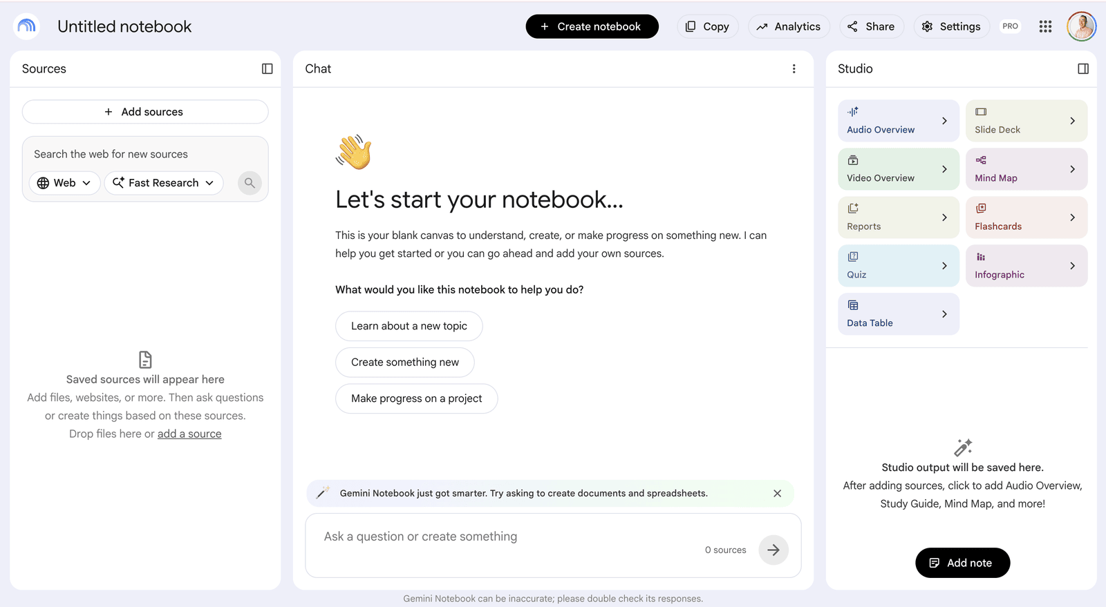 NotebookLMのホーム画面。「新規作成」ボタンからノートブックを作成する操作画面で、作成済みノートブックが一覧表示されている