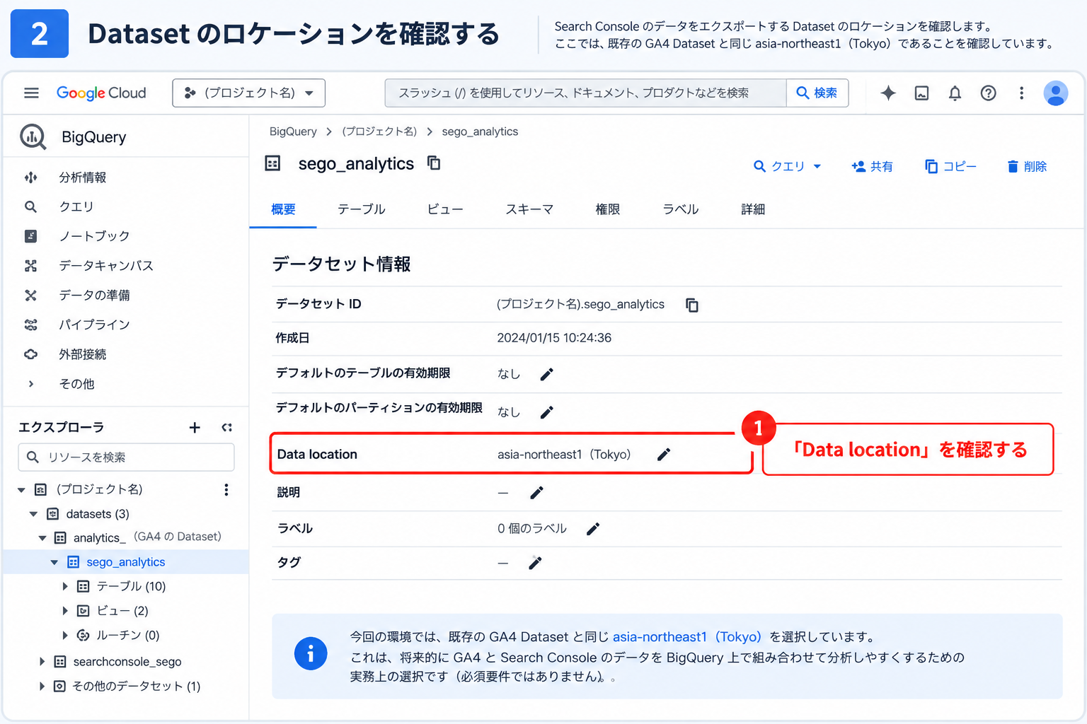 BigQueryコンソールで既存のGA4エクスポート用データセットの「データセット情報」を開いた画面。Data locationの行に asia-northeast1（Tokyo）と表示され、赤枠で強調されている。左のエクスプローラにはGA4のデータセットとsearchconsole_segoデータセットが並んでいる（プロジェクト名はマスク済み）